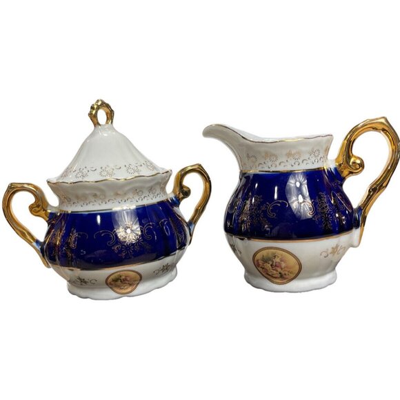 Vtg Italian Design Victorian Teapot Creamer Sugar Fine Porcelain Blue White Gold - Picture 5 of 12